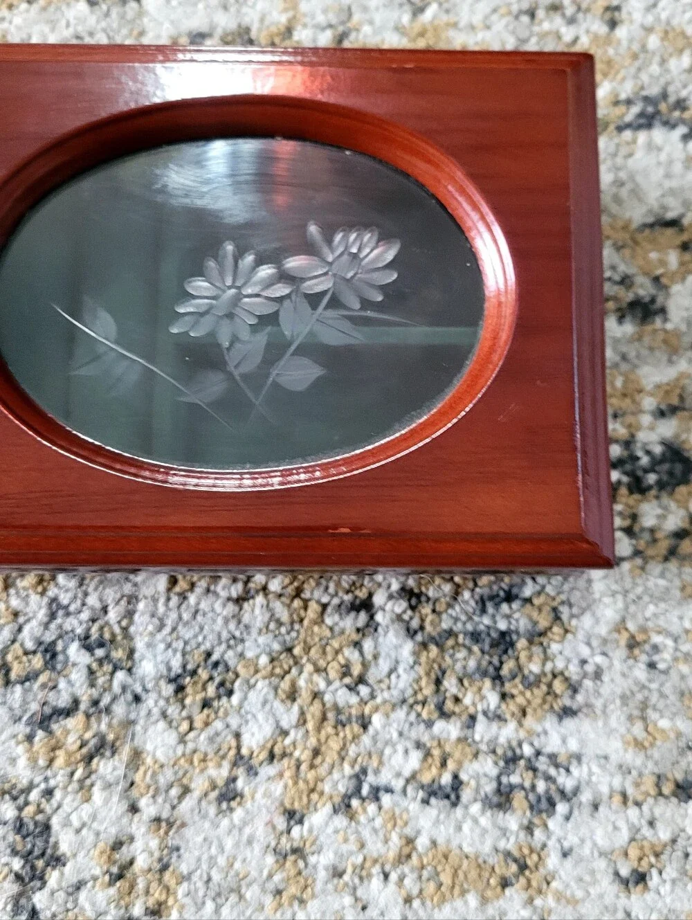 Wood Jewelry Box with Etched Glass Floral Top - Cherry Finish